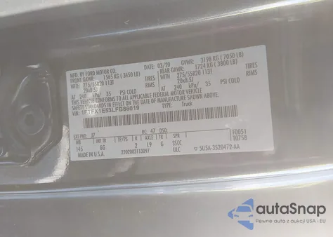 2020 Ford F-150 Xl z USA, uszkodzony, nr VIN 1FTFX1E53LFB86019